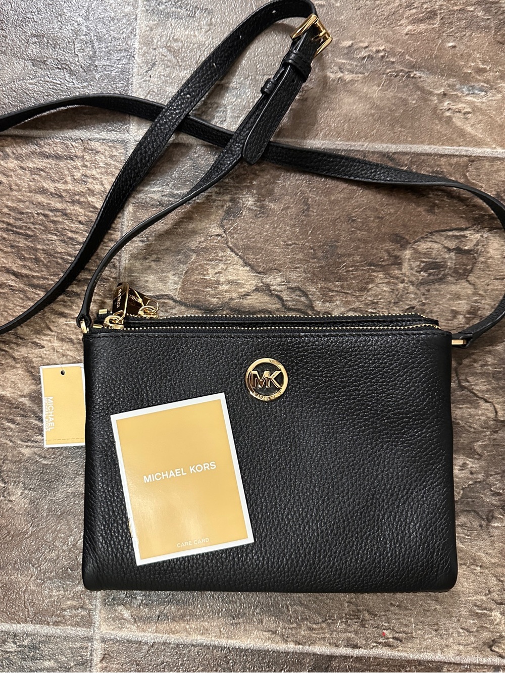 NWT Michael Kors Black Pebbled Leather Triple-Zip Crossbody with Gold Accent